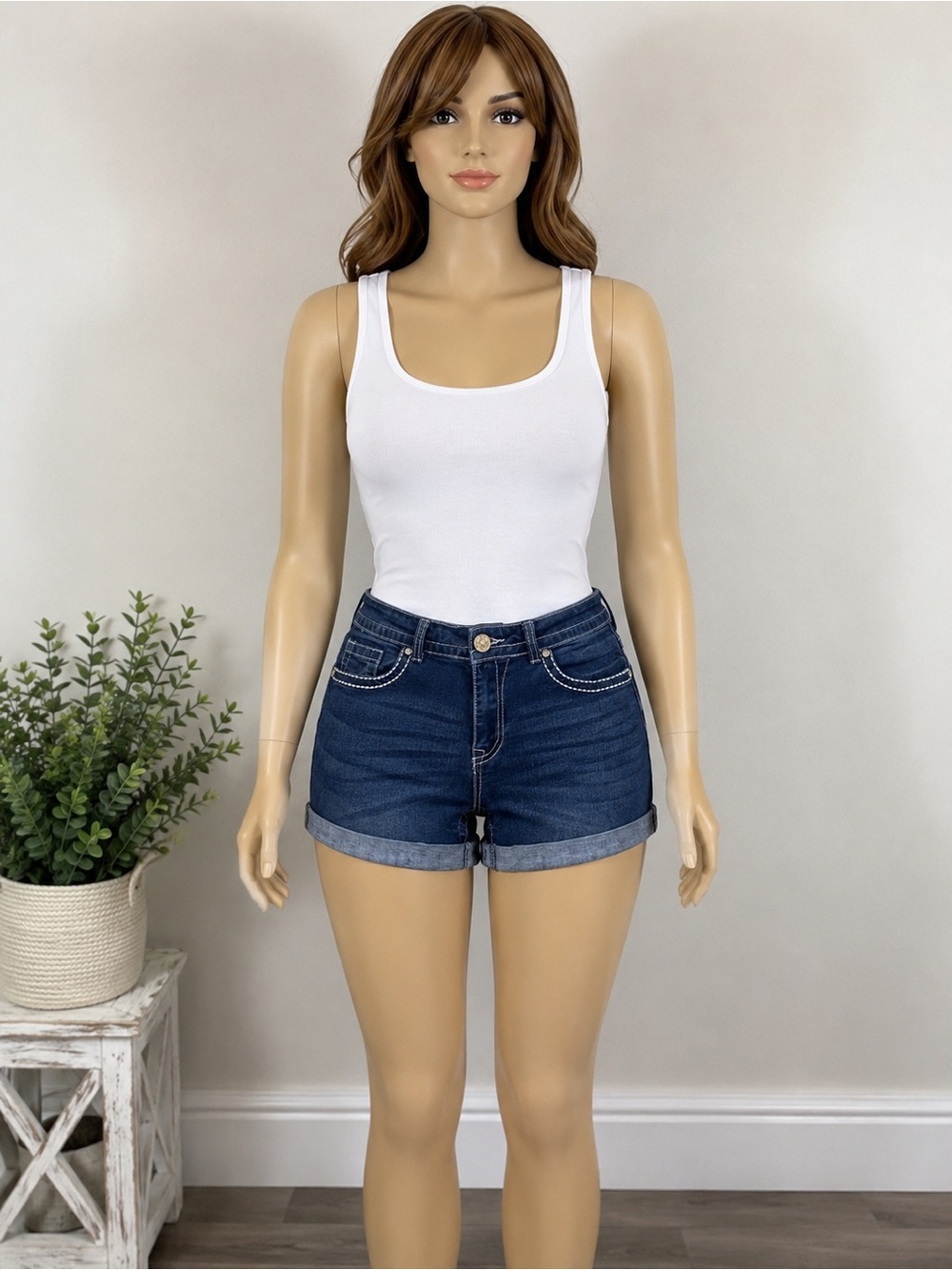BAMBOO Dark Blue Denim Shorts with White Stitching